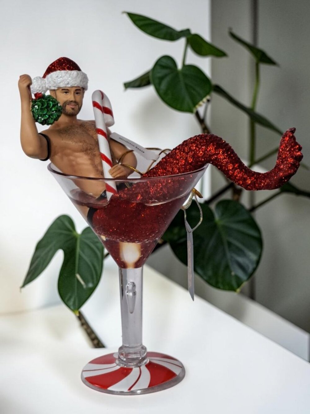 New December Diamonds Merman Ornament, Mistletoe Santa Mermaid Martini Glass